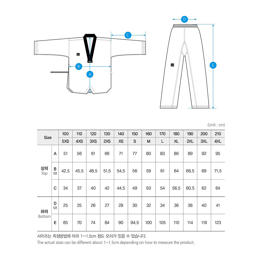 dobok de Taekwondo con cuello negro Korugy diseñado por MTX, guía de tallas