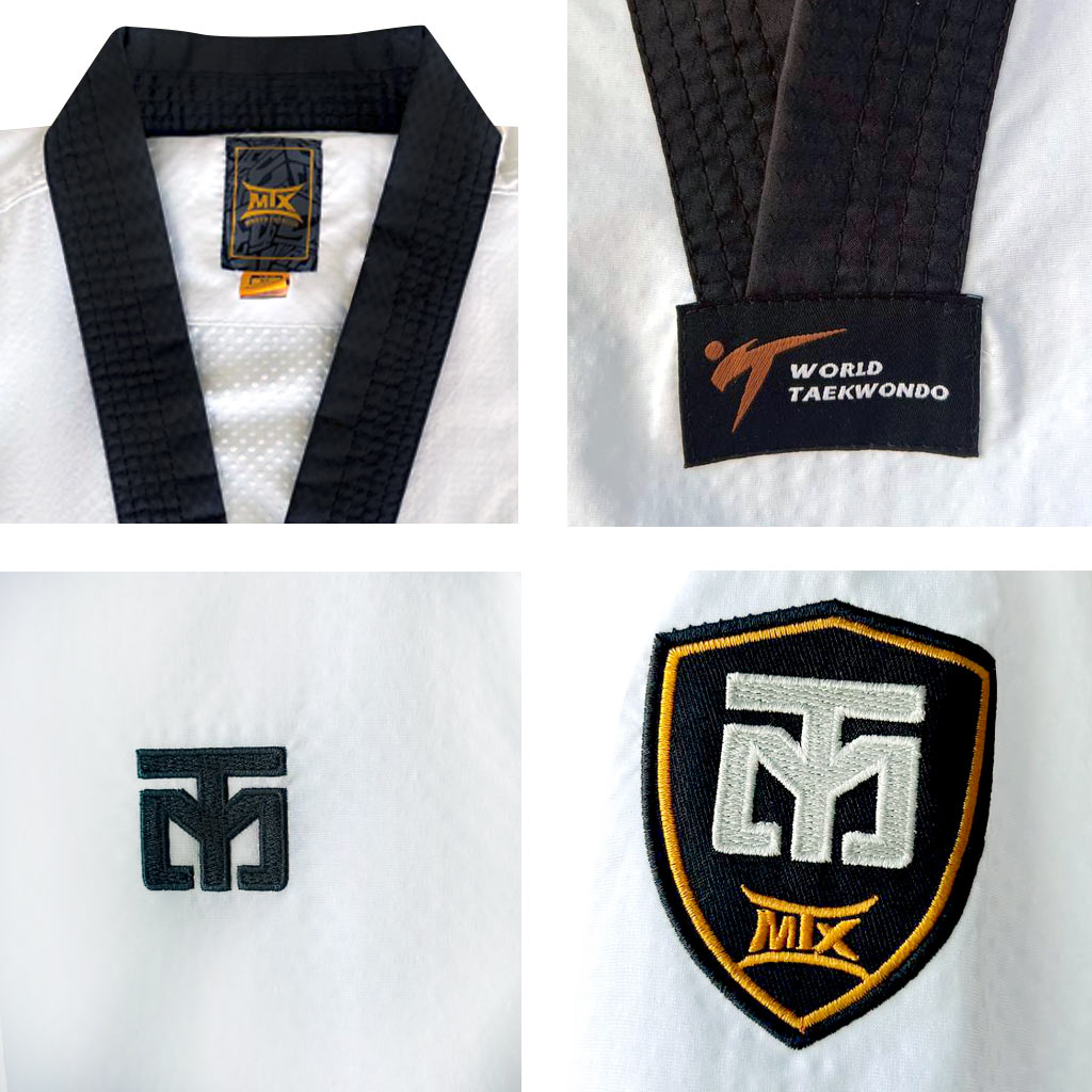 dobok de Taekwondo con cuello negro Korugy diseñado por MTX, detalles