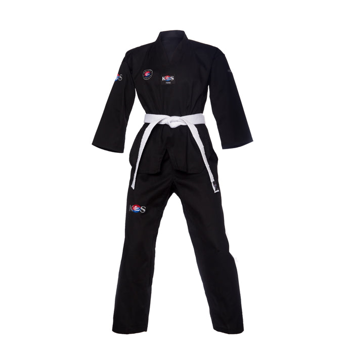 Dobok negro de Taekwondo KOS para entrenamiento y competencia.