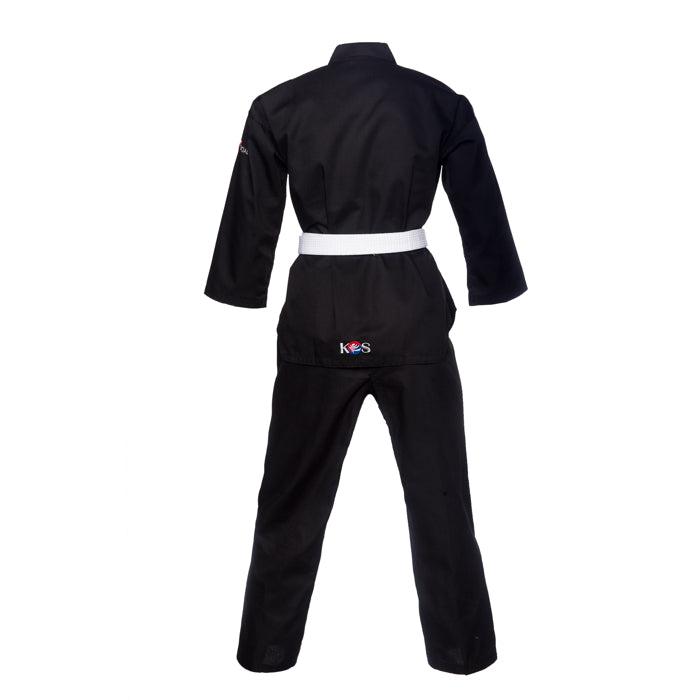 Dobok negro de Taekwondo KOS para entrenamiento y competencia, vista trasera.