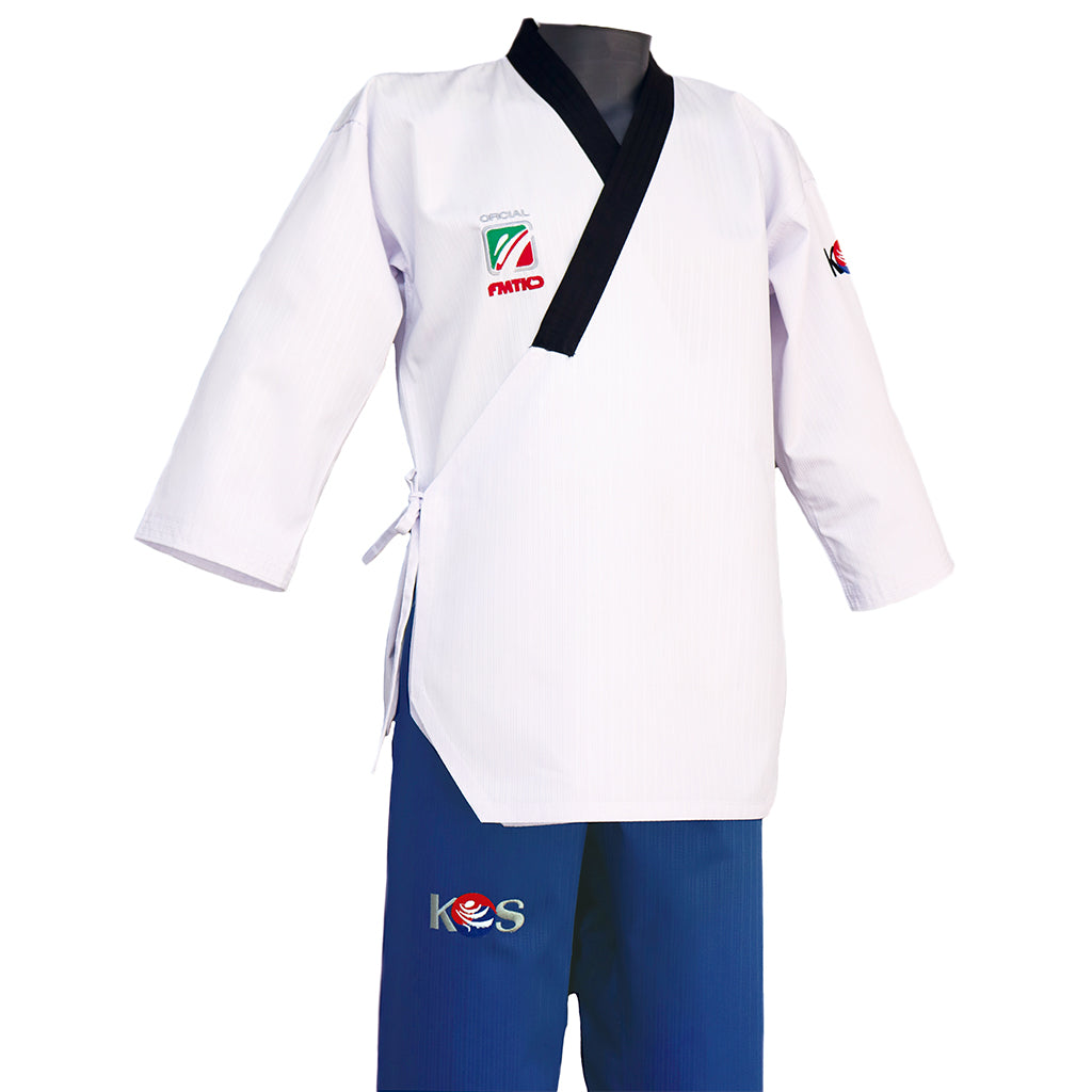 Dobok Poomsae de Taekwondo formas DAN Mujer, vista camisa cuello negro