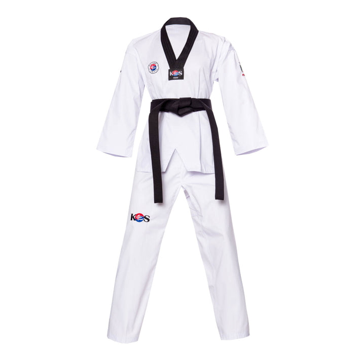 Dobok de Taekwondo con cuello negro, vista frontal