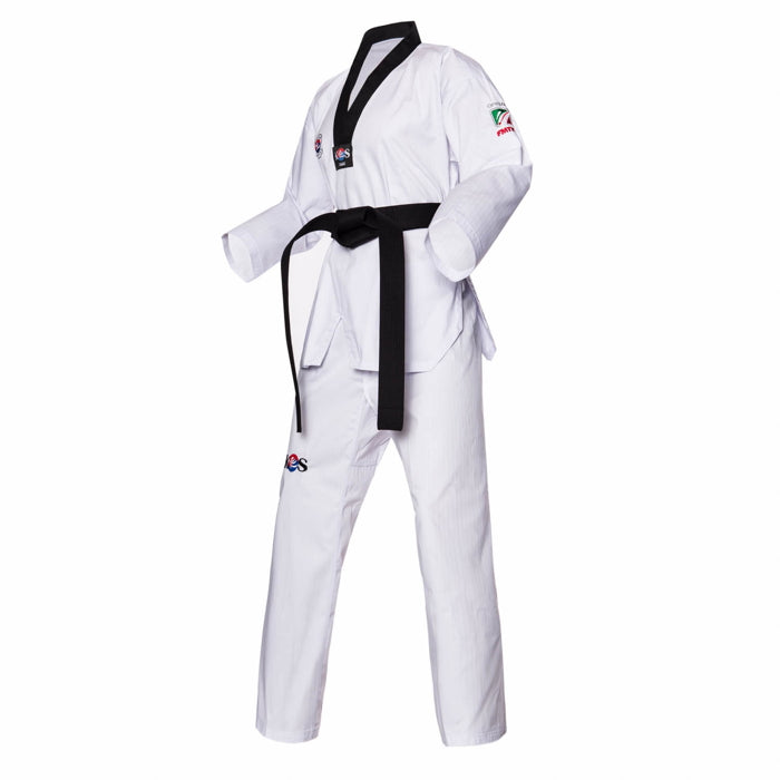 Dobok de Taekwondo con cuello negro, vista lateral
