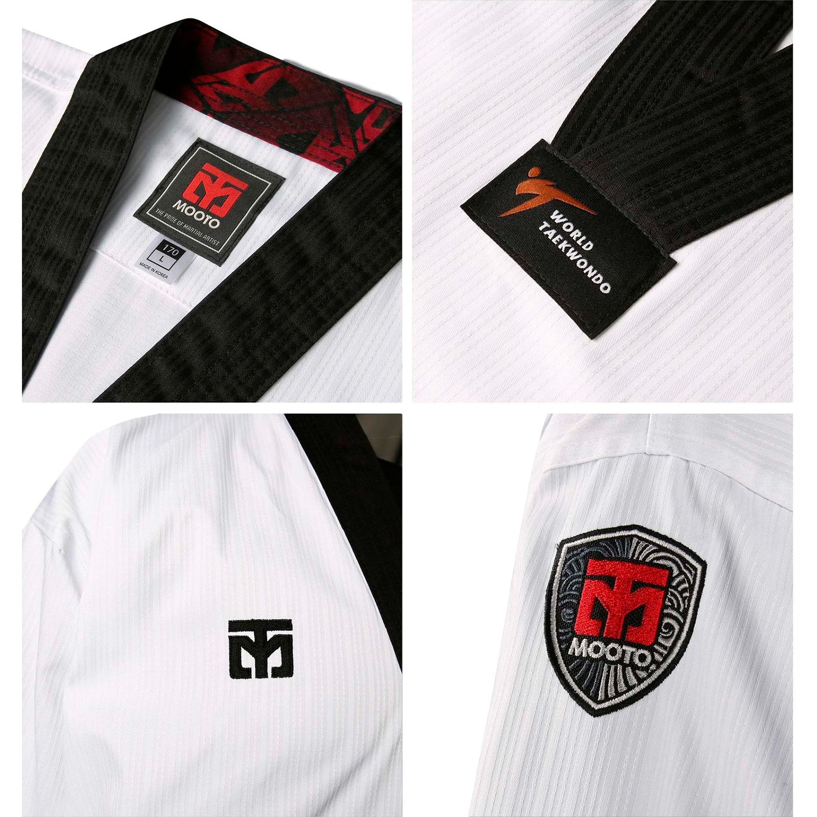 dobok de Taekwondo básico con cuello negro S.4.5 de MOOTO, detalle cuello