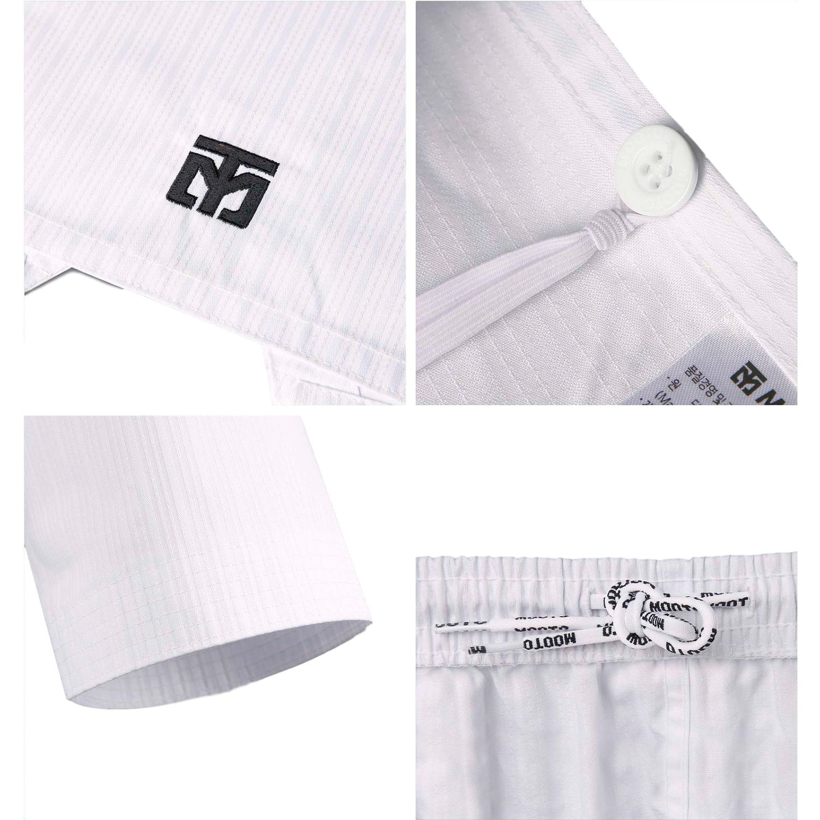 dobok de Taekwondo básico con cuello negro S.4.5 de MOOTO, detalles costuras