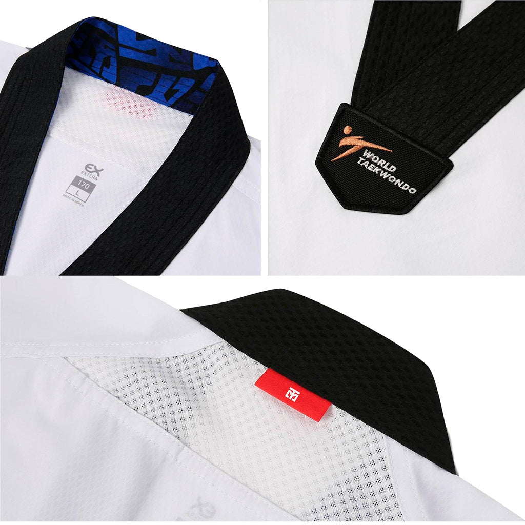 El dobok Extera S.6 de Mooto es blanco con cuello negro y es un uniforme avalado por la World Taekwondo Federation (WT). detalles