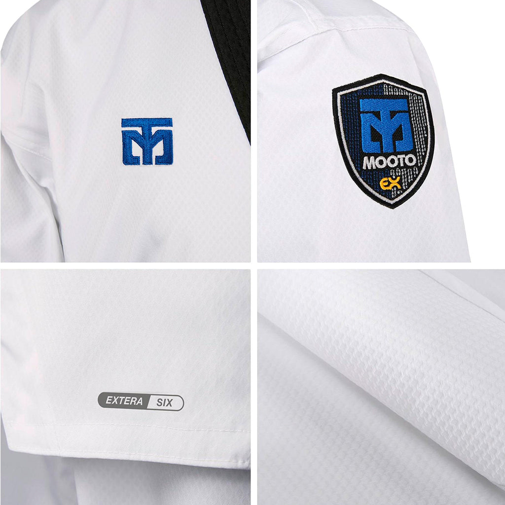 El dobok Extera S.6 de Mooto es blanco con cuello negro y es un uniforme avalado por la World Taekwondo Federation (WT). detalles tela logo