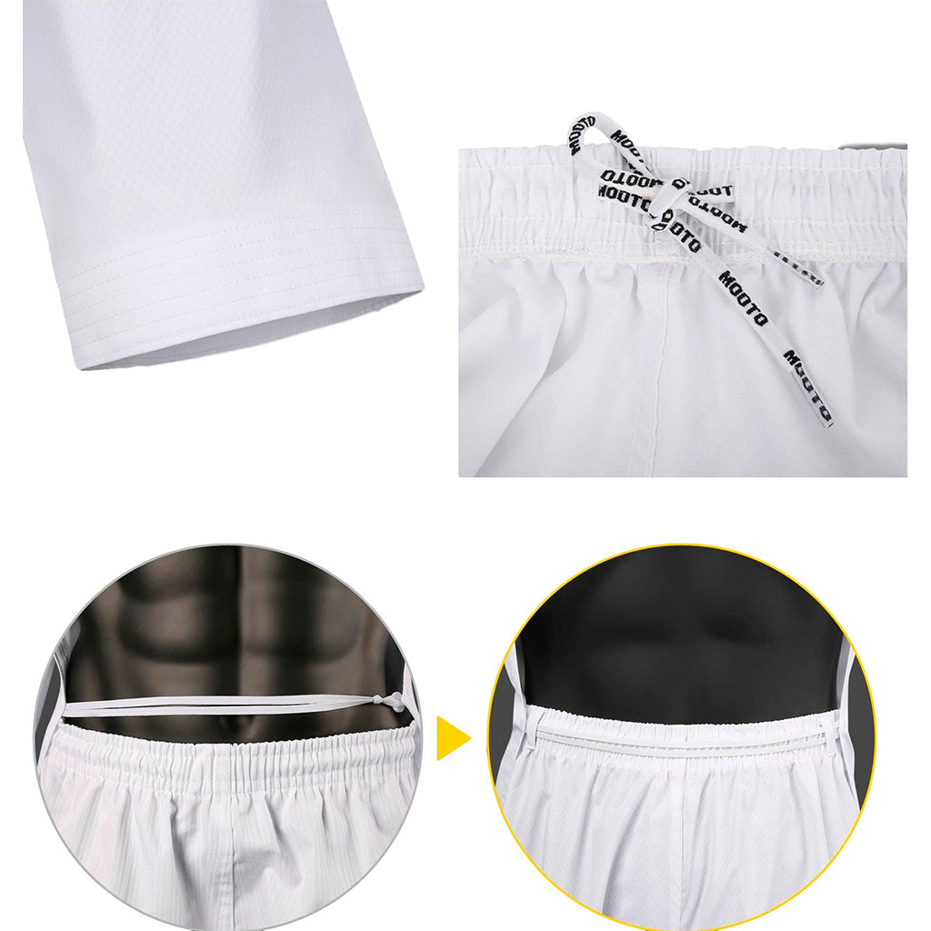 El dobok Extera S.6 de Mooto es blanco con cuello negro y es un uniforme avalado por la World Taekwondo Federation (WT). detalle pantalon