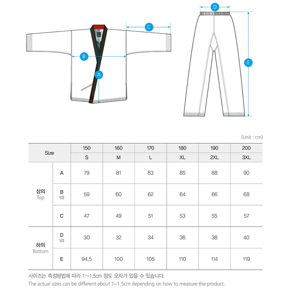 Dobok Grand Master KeumGang Mooto, guia de tallas