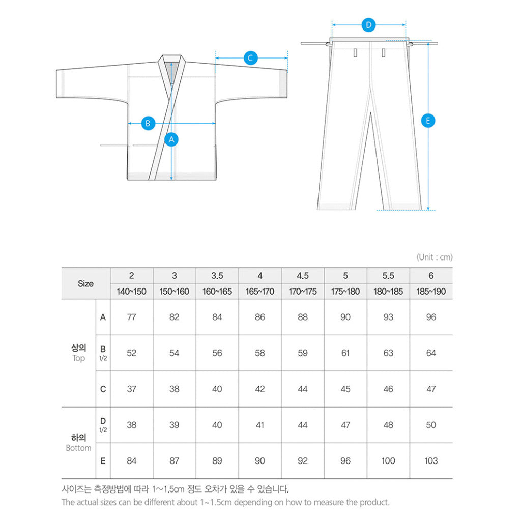 Karategui Poongsin Kata Mooto, guía de tallas