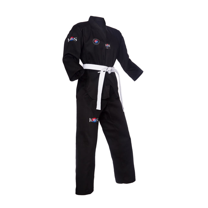 Dobok negro de Taekwondo KOS para entrenamiento y competencia, vista lateral.