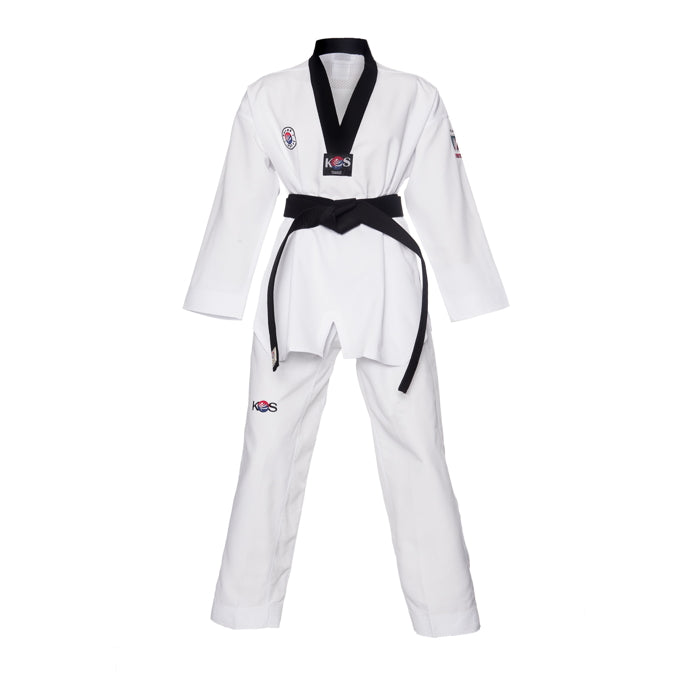 Dobok cuello negro de Taekwondo Elite S.2 de tela ligera, vista frontal