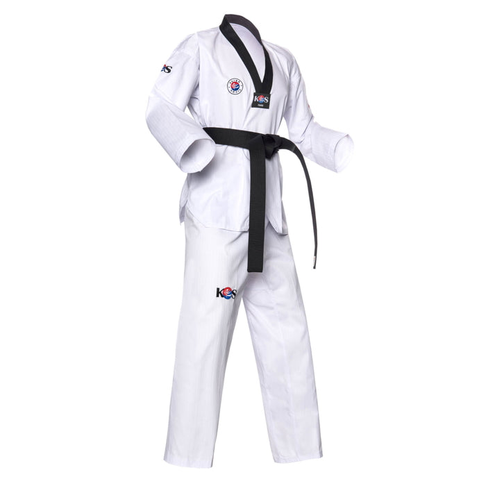 Dobok de Taekwondo con cuello negro, vista lateral derecha