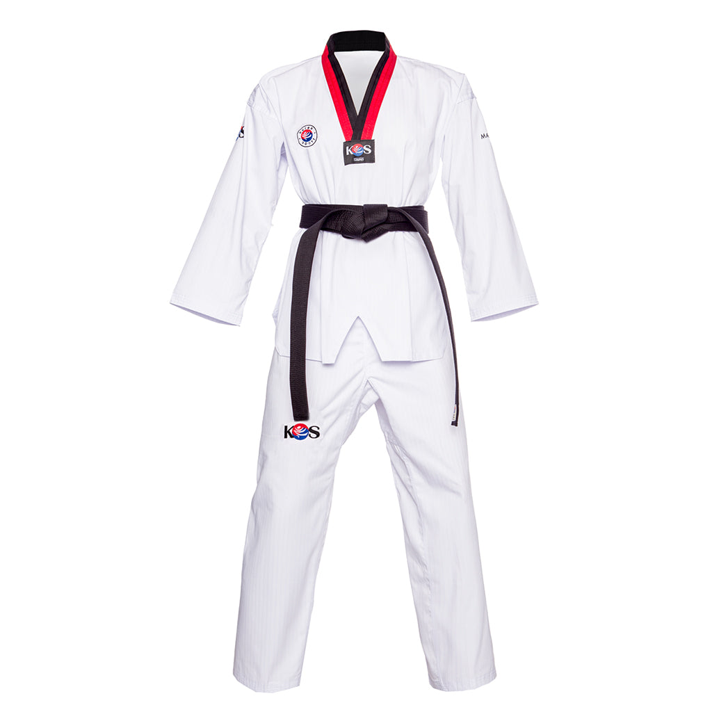 Dobok de Taekwondo con cuello poom, vista frontal