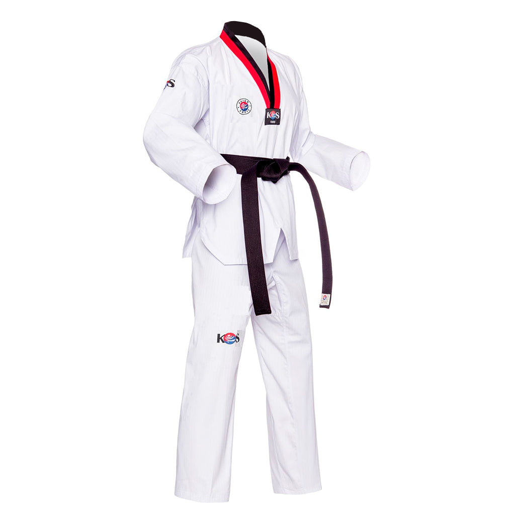 Dobok de Taekwondo con cuello poom, vista lateral derecho